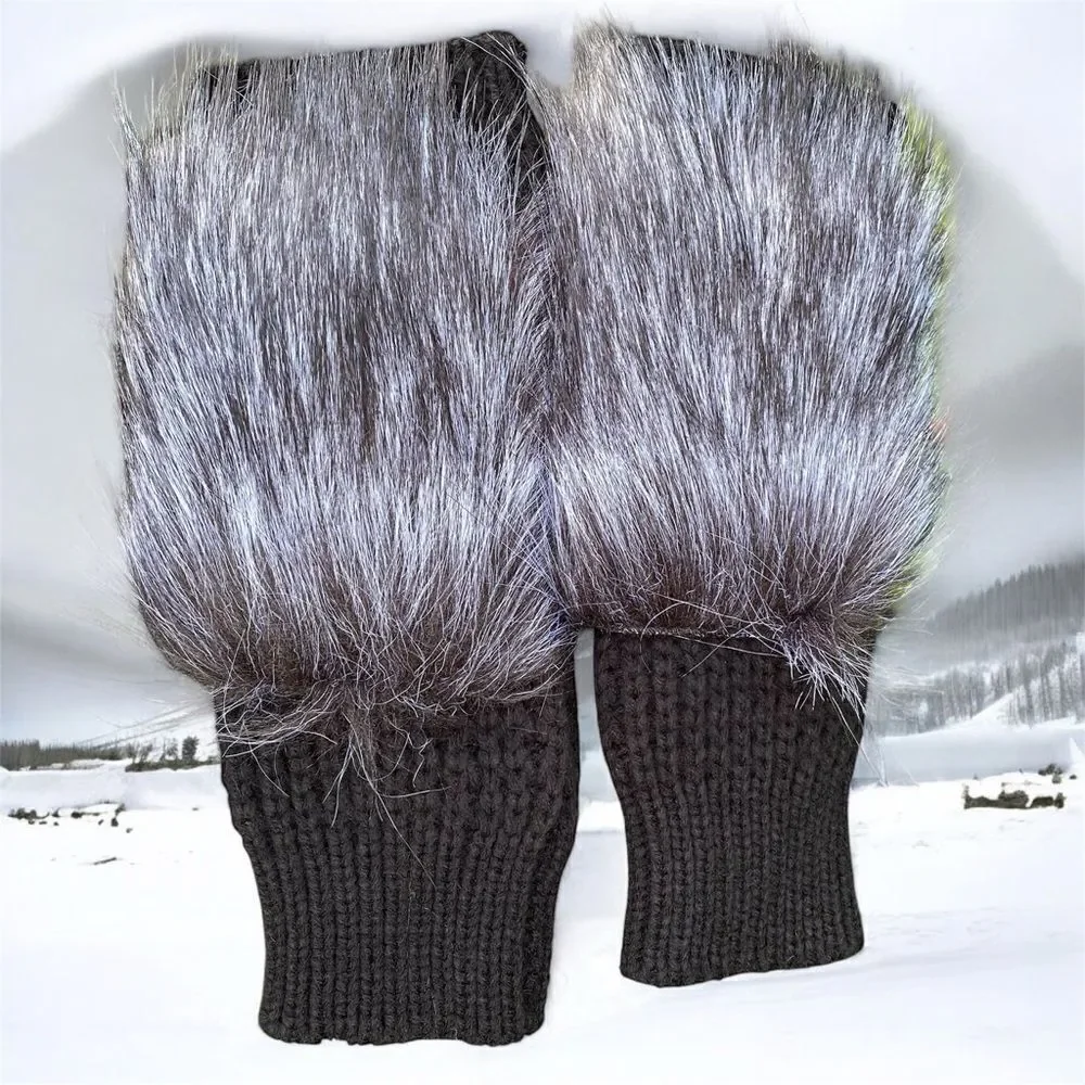 NWT New Adrienne Landau Black Faux Fur Fingerless Gloves/Wrist Warmers OS Winter